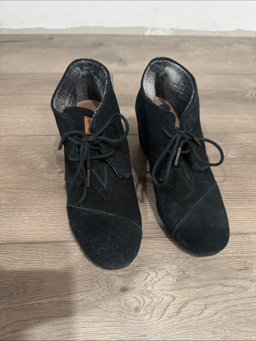 Toms Black Suede Lace-Up Wedge Booties